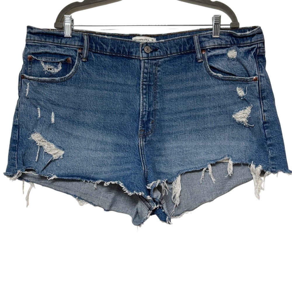 {A&F} "The Mom Short High Rise" Frayed Cutoff Hem Stretch Denim Shorts